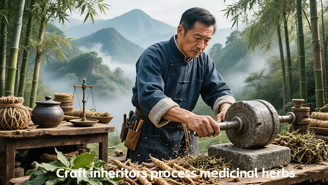 Craft inheritors process medicinal herbs